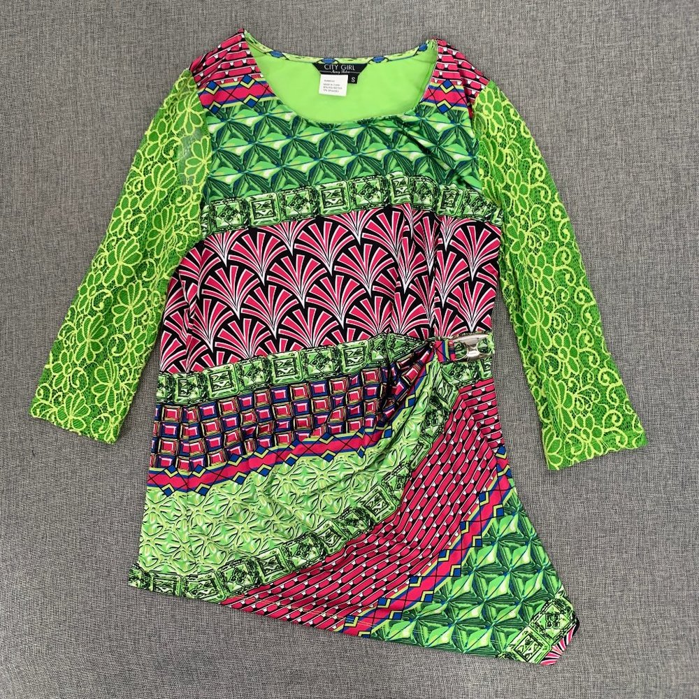 City Girl Nancy Bolen Tunic‎ Top Green Red Blue Small Lace Sleeves Round Neck